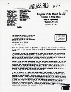Exhibit OLN-110: Letter, Michael Barnes to Robert McFarlane, Suggesting Further Discussion of the Activities of National Security Council Staff in Regards to Nicaragua