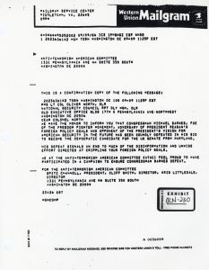 Exhibit OLN-230: Mailgram, Channell to North, Defeat of Congressman Michael Barnes
