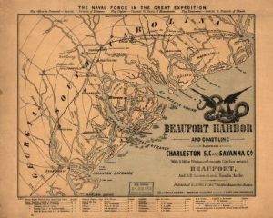 Beaufort Harbor and coast line between Charleston, S.C. and Savanna [sic] Ga., with 5 mile distance lines in circles round Beaufort, and R.R. connections, roads, &c, &c.