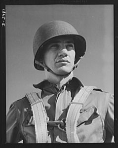 Fort Benning. Parachute troops. Uncle Sam picks a high type of man for a parachute infantryman. This student paratrooper at Fort Benning, Goergia has just completed a descent of which any oldtimer would be proud