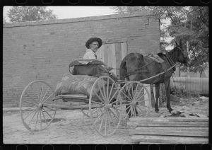 Lee Betties, rural rehabilitation client, with sack of horse and mule feed on rear of his wagon, leaving general store at Woodville, Greene County, Georgia