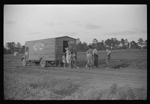 [Untitled photo, possibly related to: Rolling store which goes from door to door selling groceries, hardware, drygoods, drugs, and a variety of household and farm supplies. Near Montezuma, Georgia]