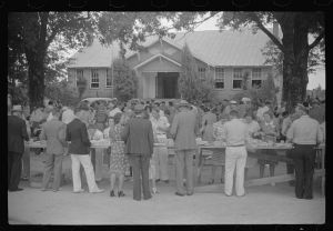 [Untitled photo, possibly related to: Barbeque picnic on the occasion of the dedication of a FSA (Farm Security Administration) building, Greene County, Georgia]