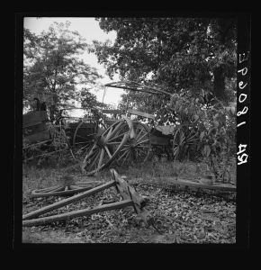 Abandoned coaches and wagons behind the old blacksmith shop on the Wray Plantation. Greene County, Georgia