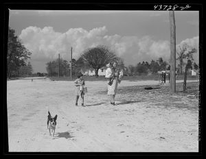 Walking down the "main street" of Hazlehurst Farms Inc. near Hazlehurst, Georgia