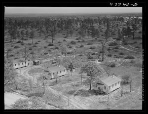 Prefabricated houses at Hazlehurst Farms Inc., showing both cleared and uncleared land. Hazlehurst, Georgia