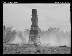 Brush fire near remains of an old house in Heard County, Georgia