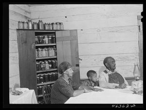 [Untitled photo, possibly related to: George Ward and his wife and one of his five children with some of their canned goods. FSA (Farm Security Administration) clients in Meadow Crest, Greene County, Georgia]