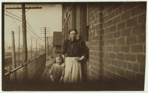 [Mrs. Dora Stainers, 562 1/2 Decatur St. 39 years old. Began spinning in an Atlanta mill at 7 years, and is in this mill work for 32 years. Only 4 days of schooling in her life. Began at 20 cents a day. The most she ever made was $1.75 a day & now she is earning $1 a day when she works. She is looking for a job. Her little girl Lilie is the same age she was when she started work, but the mother says, "I ain't goin to put her to work if I can help it. I'm goin' to give her as much education as I can so she can do better than I did." Mrs. Stainers is a woman of exceptional ability considering her training. In contrast to her is formed [?] another woman (this name was withheld) who has been working in Atlanta mills for 10 yrs. She began at 10 yrs. of age, married at 12, broke down, and may never be able to work again. Her mother went to work in the cotton mill very young.] Location: [Atlanta, Georgia]