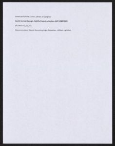 Documentation -- Sound Recording Logs -- Cassettes -- William Lightfoot