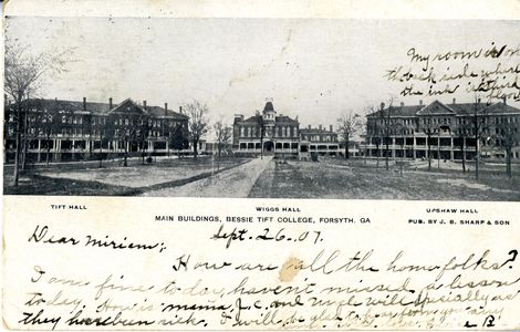 Tift, Wiggs, and Upshaw Halls postcard, Tift College, Forsyth, Georgia