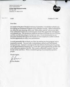 Letter following a Concert at NASA's Dryden Flight Research Facility in California