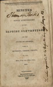 Minutes of the Ninth Anniversary of the Baptist Convention for the State of Georgia [1830]