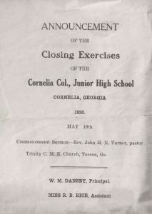 Announcement of the Closing Exercises of the Cornelia Col., Junior High School, Cornelia, Georgia, 1930 May 18th