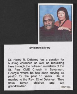 Copy of a color photograph of Dr. Henry R. Delaney and his Rev. Ethel Delaney and a history of Israel Christian Methodist Episcopal Church