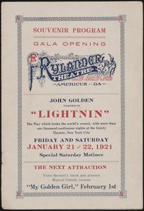 Souvenir program, gala opening, Rylander Theatre, John Golden presents "Lightnin'"