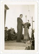 Photograph of D. Elliott Hagan addressing the crowd at Sylvania Centennial celebration, Sylvania, Georgia, 1947