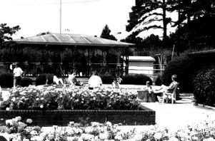 People sit near a flower bed at CEA Pool