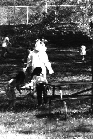 Hunting eggs at Easter egg hunt