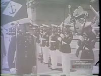 CHIANG OBSERVES FIRE POWER; NAVY JETS LIFT OFF CARRIER AND DROP BOMBS FOR DISPLAY (1963)