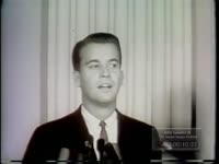 Series of WSB-TV newsfilm clips of Dick Clark and New York Congressman Steven B. Derounian commenting on hearings regarding payola, Washington, D.C., 1960 April 29