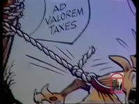 Editorial cartoon: Georgia school systems depicted as a dog tied to a tree trying to reach a meaty bone labelled "New revenue source" while the Legislature leaves to go fishing. "Ad valorem taxes" seems to label the rope.