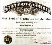 Certificate from State Board of Registration for Foresters certifying Harley Langdale as a registered forester in Georgia. Gold Seal