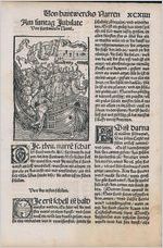 Leaf from Ship of Fools by Sebastian Brant. Chapter 108, "The Schluraffen Ship"