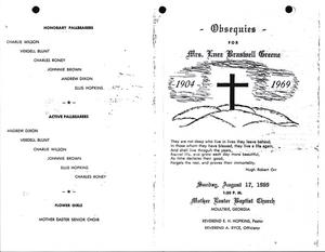 "Obsequies for Mrs. Inez Braswell Greene, 1904-1969, Sunday, August 17, 1969. 1:30 p.m., Mother Easter Baptist Church, Moultrie, Georgia, Reverend E. H. Hopkins, pastor, Reverend A. Ryce, officiator"