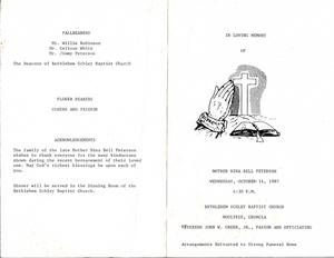 "In Loving Memory of Mother Nina Bell Peterson, Wednesday, October 14, 1987, 4:30 p.m., Bethlehem Baptist Church, Moultrie, Georgia, Reverend John W. Green, Jr., pastor and officiating, Arrangements Entrusted to Strong Funeral Home"