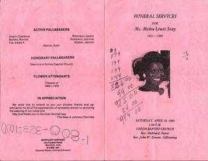 "Funeral Services for Ms. Melva Lewis Seay, 1951-1986, Saturday, April 19, 1986, 3:00 p.m., Union Baptist Church, Rev. Hubbard, pastor, Rev. John W. Greene, officiating"