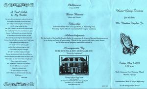 "Home Going Services for the late Mr. Reuben Taylor, Jr., Friday, May 3, 2002, 4:00 p.m., Luke Strong and Son Mortuary Chapel, Moultrie, Georgia, Superintendent Paul E. Hayes, officiating, A Luke Strong and Son Service”