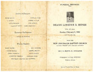 Funeral services for Deacon Lawrence B. Betner, Sunday, February 2, 1964, 2:30 o'clock p.m., from the New Jerusalem Baptist Church, corner Wright and Stevens Street, Thomasville, Georgia, Rev. F.D. Martin, Jr., officiating