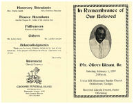 In remembrance of our beloved Mr. Oliver Blount, Sr., Saturday, February 1, 1997, 2:00 p.m., Union Hill Missionary Baptist Church, Ochlocknee, Georgia, Reverend Lincoln Everett, pastor, officiating