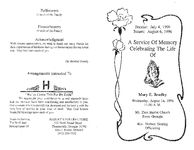 A service of memory, celebrating the life of Mary E. Bradley, Wednesday, August 14, 1996, 11:00 a.m., Mt. Zion Baptist Church, Pavo, Georgia, Rev. Herbert Herring, officiating