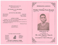 Homegoing service for Mother Felichas Potts Branch, Monday, July 22, 1996, 11:00 a.m., in the sanctuary of Mt. Airy Baptist Church, Newton, Georgia, Reverend H.C. Boyd, officiating