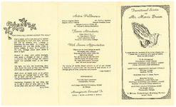 Transitional services for Mr. Morris Brown, to be solemnized, Thursday, June tenth, nineteen hundred and ninety-three, four o'clock post meridian, Saint Paul Missionary Baptist Church, 813 Pine Avenue, Sanford, Florida, Reverend Amos C. Jones, pastor, memorial service, Saturday, June twelfth, nineteen hundred and ninety-three, eleven o'clock ante meridian, Hatcher-Peoples Funeral Home, 820 Wright Street, Thomasville, Georgia