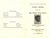 Funeral services of the late Mrs. Bernice Bush Bryant, Tuesday, June 20, 1967, 4:00 p.m., Pleasant Hill C.M.E. Church, Beachton, Georgia, Rev. J.H. Malone, pastor