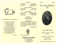 In loving memory of Bro. Clyde Bryant, Thursday, August 15, 1996, 3:30 p.m., Pleasant Hill C.M.E. Church, Highway 93, Beachton, Georgia, Rev. Uzziah A. Hammonds, Sr., pastor