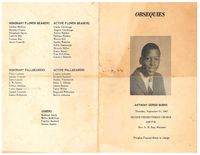 Obsequies, Anthony Gerod Burns, Thursday, September 21, 1067, Second Presbyterian Church, 4:00 P.M., Rev. A.R. Ray, Minister, Peoples Funeral Home in charge