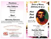 Service of Memory, Celebrating the life of Annie, Pearl, Clark, Saturday, October 3, 2015, 1:00 pm, In the Sanctuary of Faith Grace Ministry, 1520 E Jackson Street, Thomasville, Georgia, Elder Johnny L. Wolf, Pastor-Officiating