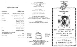 Obsequies for Mr. Oscar Coleman, Jr., Saturday, May 18, 1991, two o'clock p.m., Mount Hope Missionary Baptist Church, Highway 32, Leesburg, Lee County, Georgia, the Reverend Marcellus Willis, pastor, the Reverend Leon Pace, officiating