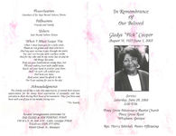 In remembrance of our beloved, Gladys "Pick" Cooper, Service, June 28, 2003, 3:00 p.m., Piney Grove Missionary Baptist Church, Piney Grove Road, Whigham, Georgia, Rev. Harry Mitchell, pastor officiating