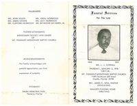Funeral Services for the Late Mr. L.J. Cornell, 1943, 1977, Thursday, January 5, 1978 1:00 P.M., Mt. Pleasant Missionary Baptist Church, 11591 Southwest 220 Street, Goulds, Florida 33190, Rev. James C. Wise, Pastor Officiating, Walker's Funeral Home Directing