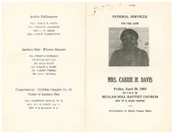 Funeral services for the late Mrs. Carrie M. Davis, Friday, April 26, 1963, at 4:00 p.m., Beulah Hill Baptist Church, Thomasville, Georgia, Rev. W.H., pastor