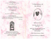 In remembrance of our beloved Mother Coot Davis, Saturday, June 20, 1998, 3:00 p.m., Saint Clair Primitive Baptist Church, 1190 Calvary Road, S.W., Cairo, Georgia, Elder Jimmy Simmons, pastor, Dr. Simon Simmons Jr., officiating