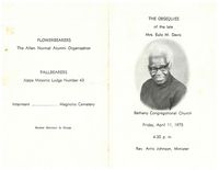 The Obsequies of the late Mrs. Eula M. Davis, Bethany Congregational Church, Friday, April 11, 1975, 4:30 p.m., Rev. Artis Johnson, Minister