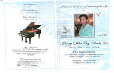A service of memory celebrating the life of Johnny "John Boy" Davis, Sr., Saturday, March 21, 2015, 1:00 p.m., First Baptist Church, 210 North Broad Street, Thomasville, GA 31792, Reverend Marty Carnes, pastor, Reverend Charlie Barfield, officiating minister