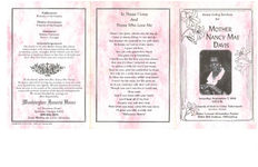 Home going services for Mother Nancy Mae Davis, Saturday, September 7, 2002, 1:00 p.m., Church of God in Unity Tabernacle, Quitman, Georgia, Elder Lemual Alexander, pastor, Elder Bill Joshua, officiating