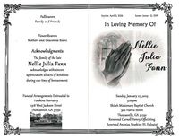 In Loving Memory of Nellie Julia Fann, Sunday, January 27, 2019, 3:00 pm, Shiloh Missionary Baptist Church, 300 Harris Street, Thomasville, GA 31792, Reverend Curnell Henry, Officiating, Reverend Ananias Hopkins III, Eulogist